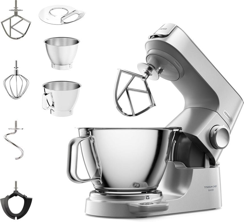 Kenwood Titanium Chef Baker KVL85.424SI Robot pâtissier avec balance intégrée – Kit pâtisserie 4 pièces, bols 7 L et 5 L, vitesse variable, 1200 W, argent