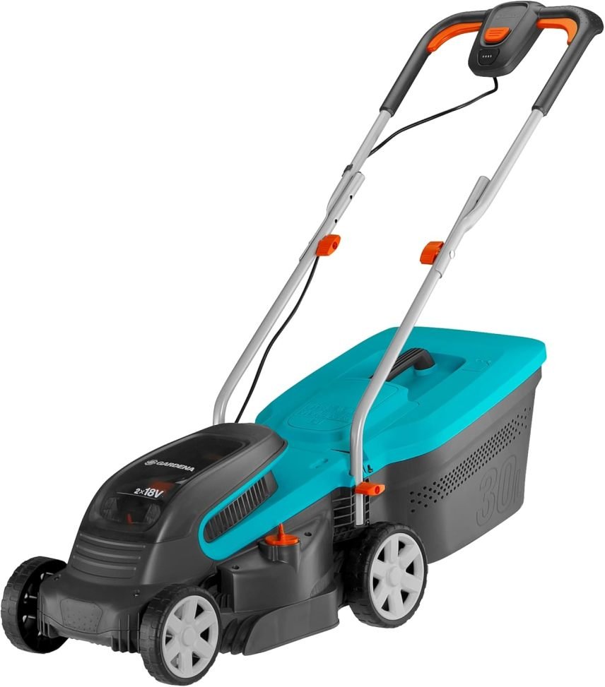 Gardena PowerMax 32/36V P4A Kit tondeuse sans fil prêt à l’emploi – Jusqu’à 200 m², largeur 32 cm, bac 30 L, hauteur 20-60 mm, 2 batteries 18 V P4A (14621-20)