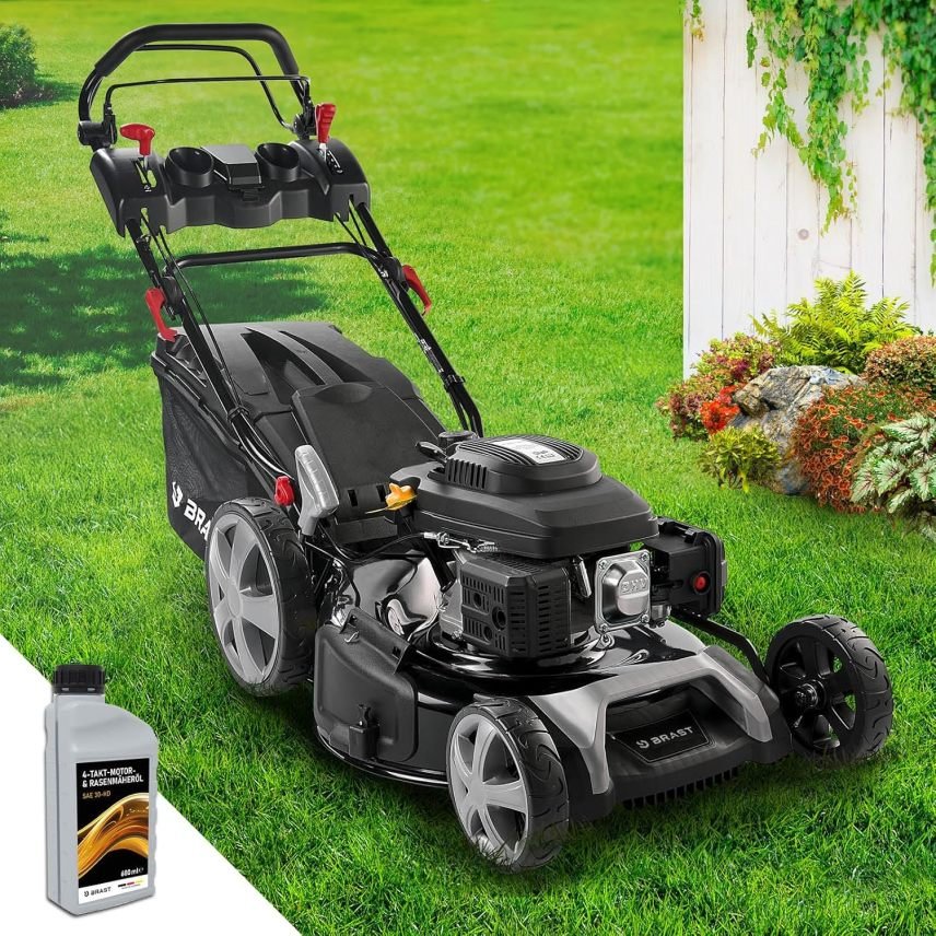 BRAST Tondeuse thermique autotractée – 5,2 kW (7 ch), coupe 55 cm, hauteur 30–80 mm, bac 60 L, moteur 4 temps OHV, châssis acier, Power