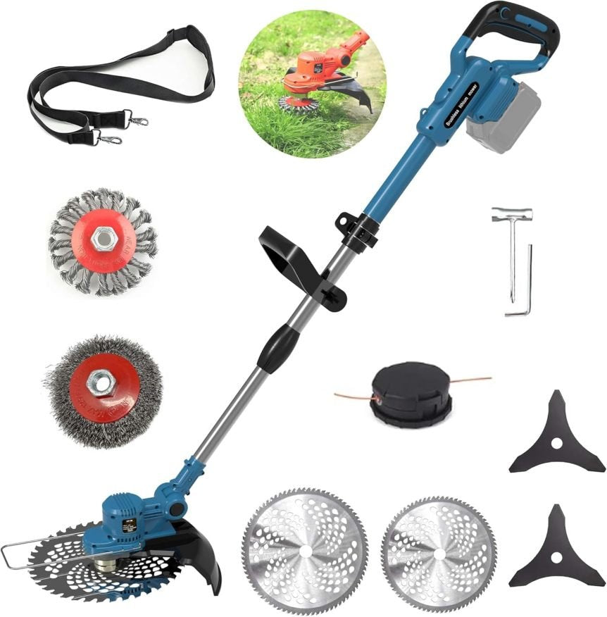 Coupe-bordures sans fil compatible batteries Makita avec 5 types de lames – Sans batterie, bleu