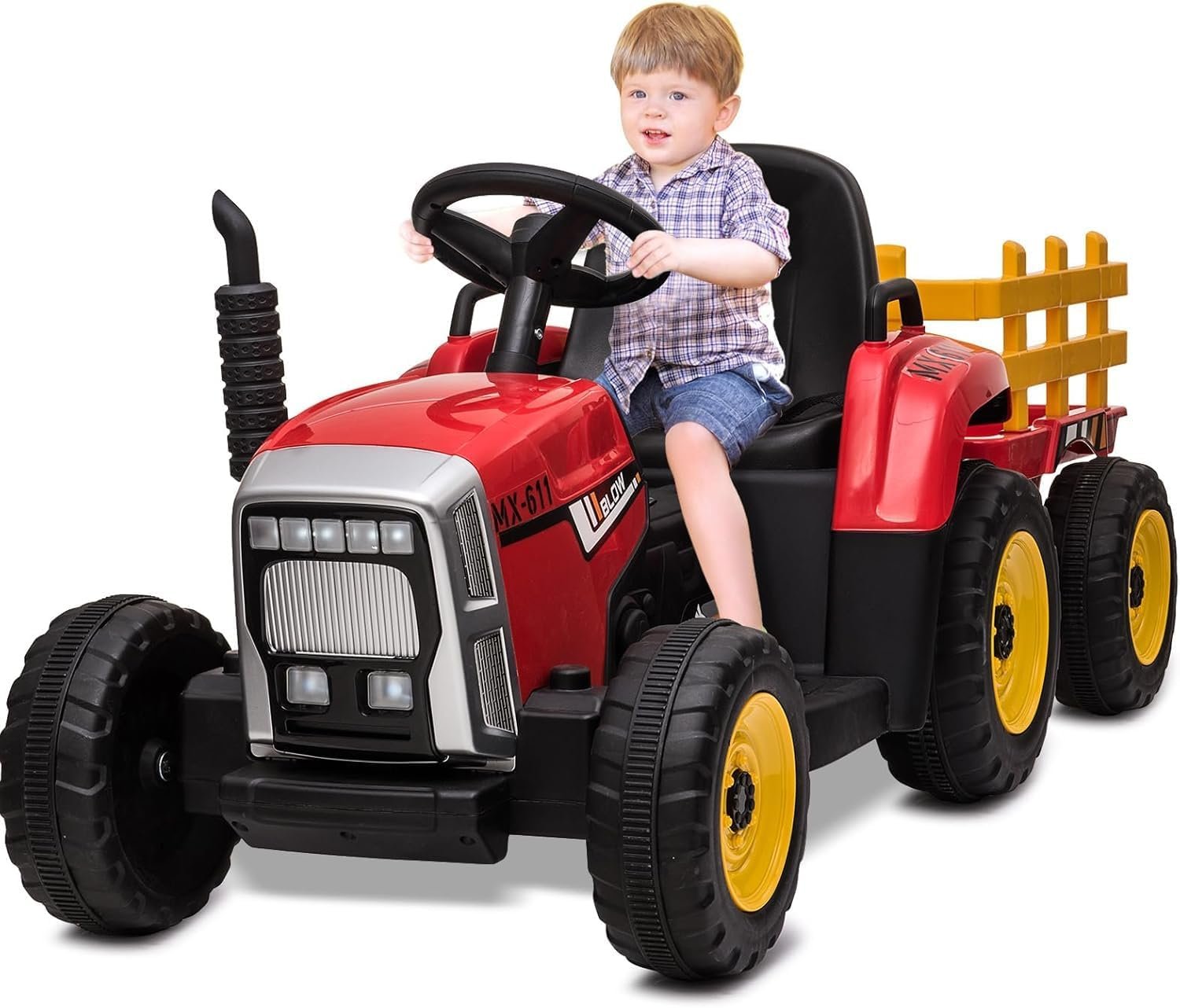 HAUSPROFI Tracteur électrique enfant 12 V 3 vitesses avec remorque – 2 modes, télécommande 2,4 GHz, LED, Bluetooth, musique, USB, dès 3 ans, vert