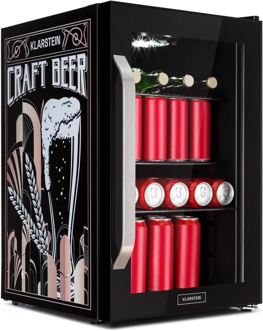 Klarstein Mini-réfrigérateur 70 L – Clayettes amovibles, porte vitrée, LED, silencieux, adapté extérieur, 0–10 °C, idéal boissons et bouteilles