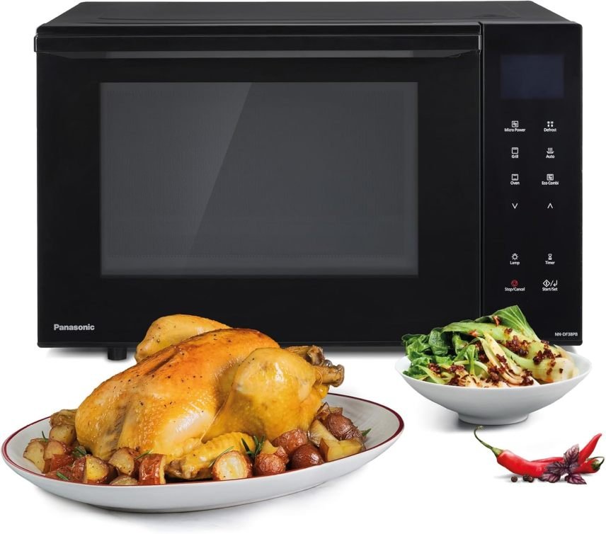 Panasonic NN-DF38PBEPG Micro-ondes combiné + grill – 1000 W, 23 L, technologie Inverter, mode Eco Combo, cavité plate, 16 programmes auto, noir