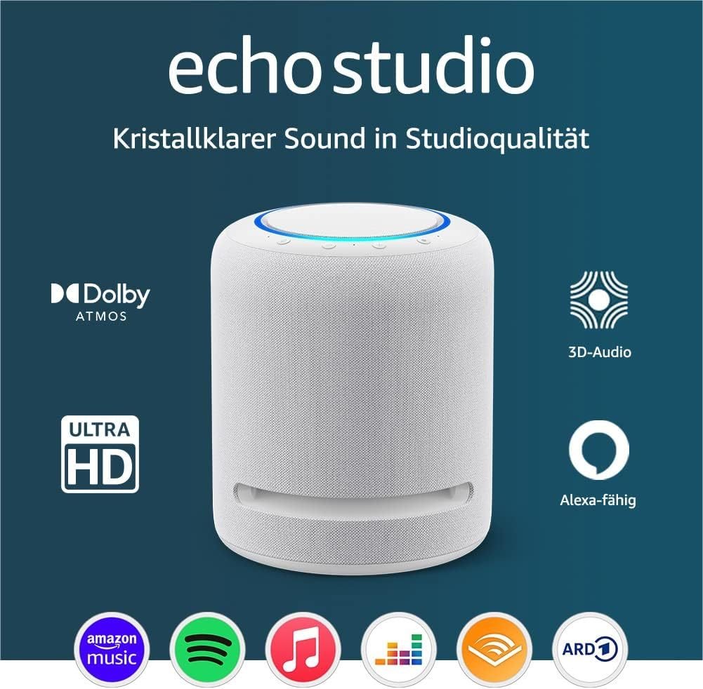 Echo Studio dernière génération – Enceinte intelligente Wi-Fi/Bluetooth avec Dolby Atmos, audio 3D, hub maison connectée et Alexa, blanche