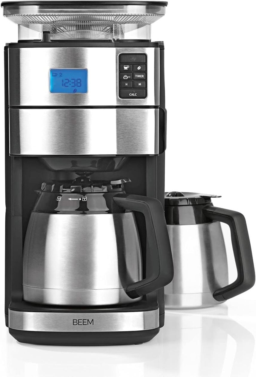 BEEM FRESH-AROMA-PERFECT II Cafetière filtre avec broyeur – Inox, verseuse isotherme, minuterie 24 h, 1000 W, bac à grains 180 g