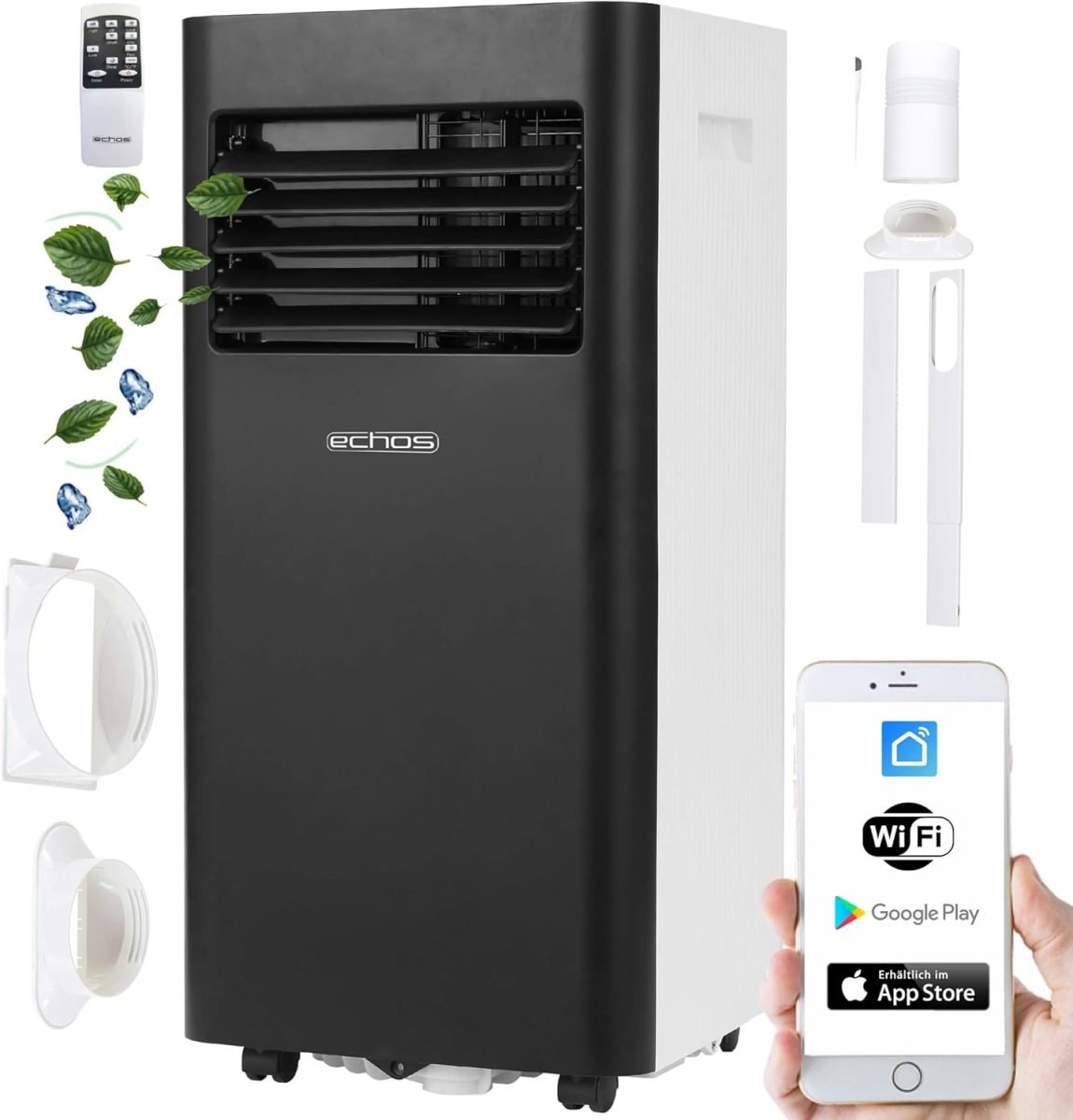 Echos Climatiseur mobile 3-en-1 Wi-Fi – Kit fenêtre, tuyau d’évacuation, minuterie 24 h, télécommande, 9000 BTU, 3 modes