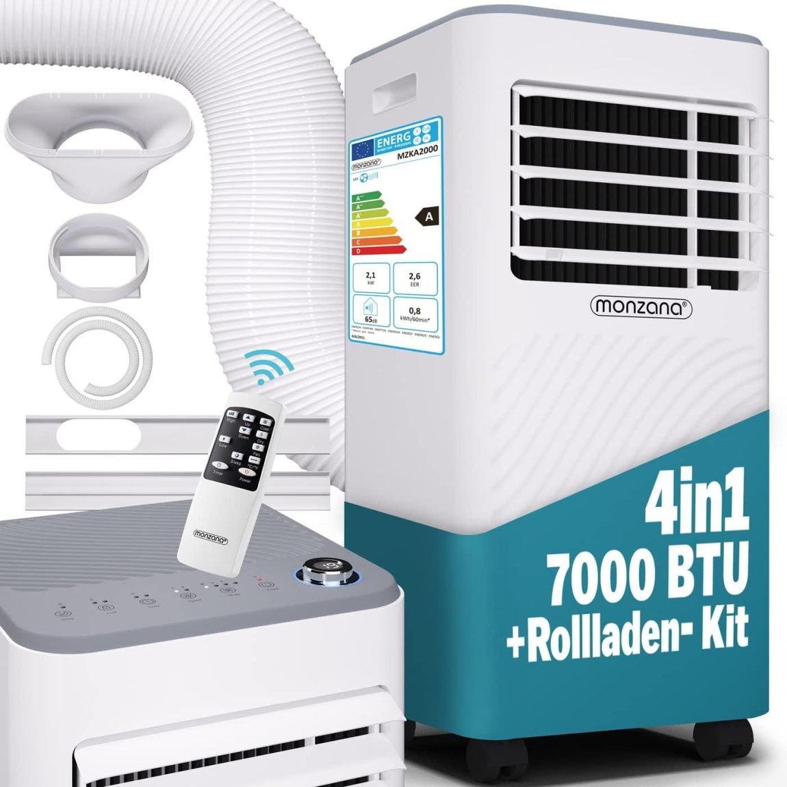 Monzana MZKA2000 Climatiseur mobile local 7000 BTU 3-en-1, 750 W – Tuyau d’évacuation, minuterie 24 h, jusqu’à 25 m², télécommande, déshumidificateur, kit volet