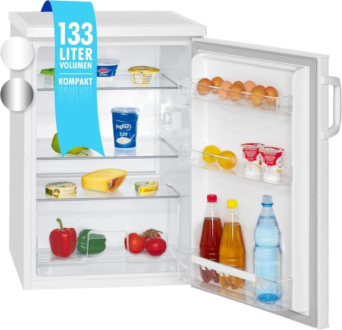 Bomann VS 2195.1 Réfrigérateur 133 L sans congélateur – 3 clayettes, bac à légumes, porte réversible, silencieux, éclairage LED
