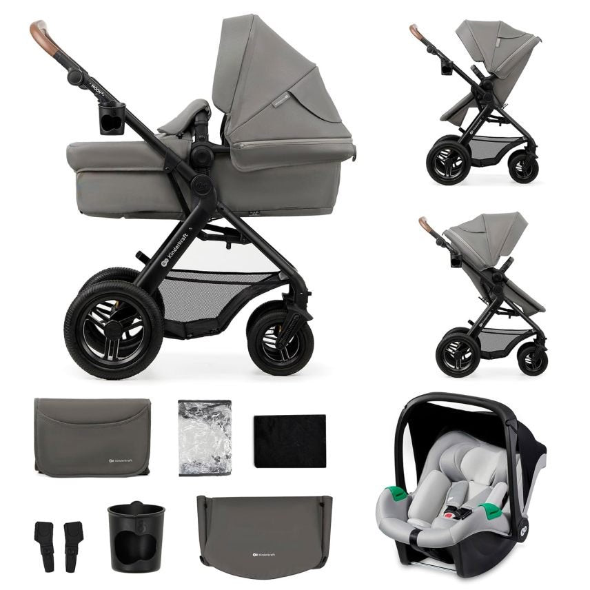 Kinderkraft MOOV2 AIR Poussette 3-en-1 jusqu’à 26 kg – Siège auto i-Size 40–75 cm, fonction poussette, position allongée, grande capote, roues gonflables, noir