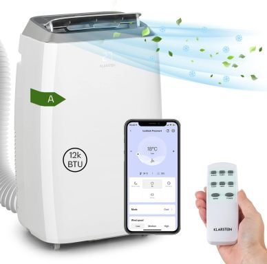 Klarstein Climatiseur mobile avec tuyau d’évacuation 3-en-1 – Ventilateur, déshumidificateur, mode nuit, portable pour maison et bureau, 12 000 BTU, faible consommation