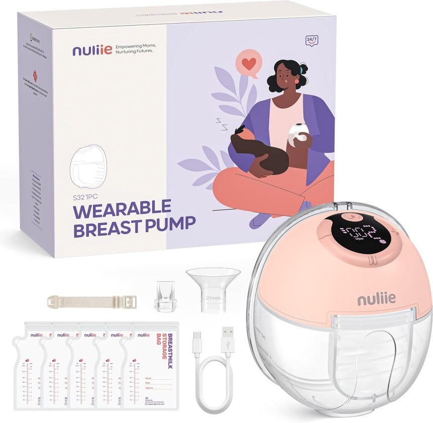 Nuliie S32 Tire-lait électrique portable mains libres – 4 modes, 9 niveaux, brides 18/21/24 mm, accessoires de rechange, lot de 2, blanc 1