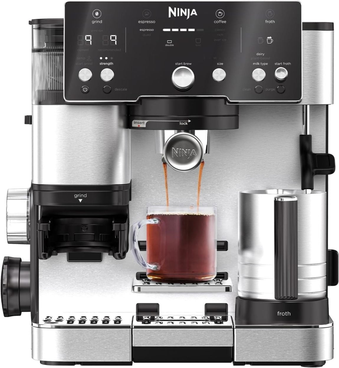 Ninja Luxe Essential ES501EU Machine à café 2-en-1 avec broyeur et mousseur – Latte, cappuccino et espresso, 2 réglages de mousse, argent