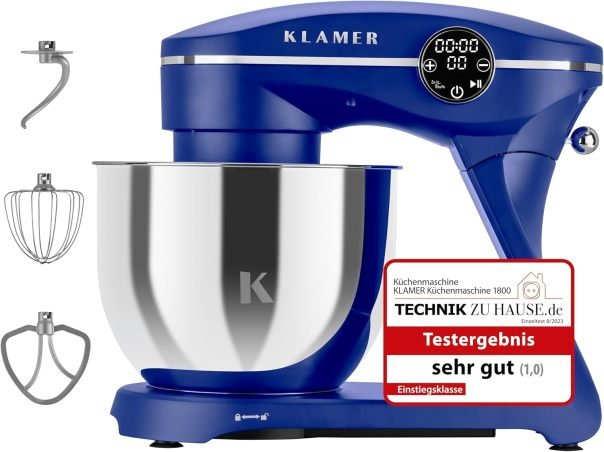 KLAMER Robot pâtissier 1800W, pétrin avec bol inox 6 litres, 10 vitesses avec minuterie, fouet, crochet pétrisseur, fouet à œufs et pare-éclaboussures