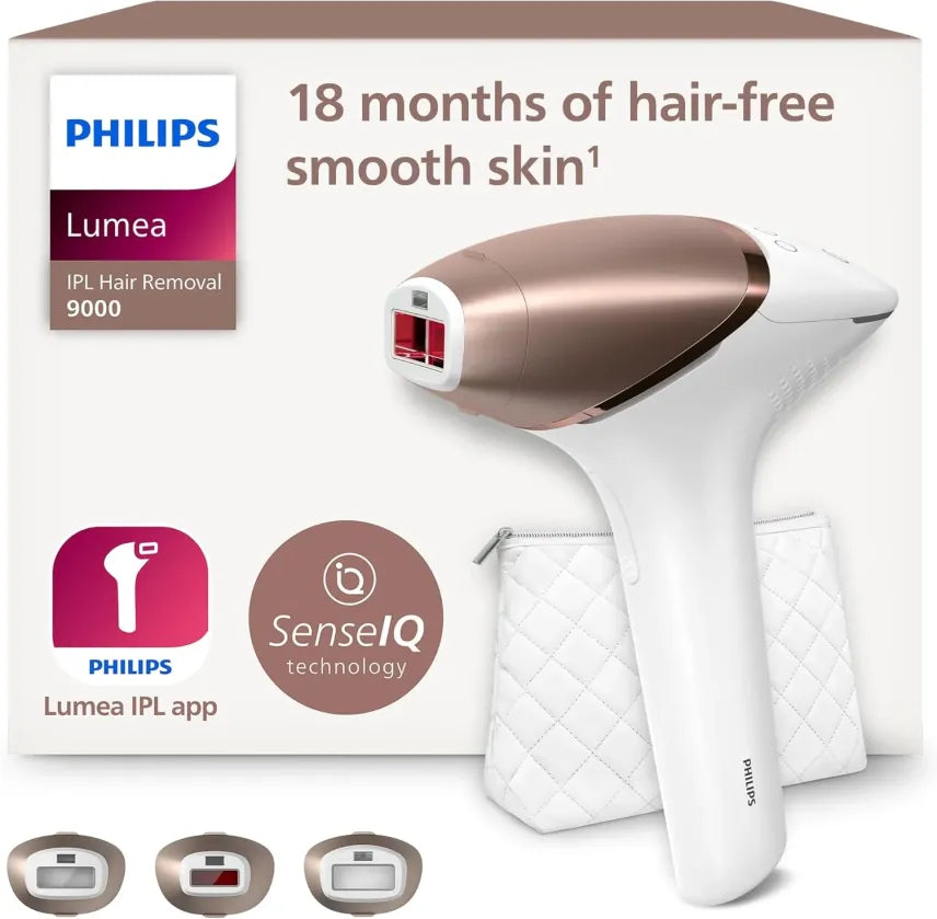Philips Lumea Appareil d'épilation IPL 9000 Series – Appareil d'épilation avec technologie SenseIQ, 3 têtes pour corps, visage et précision, sans fil (modèle BRI955/00)