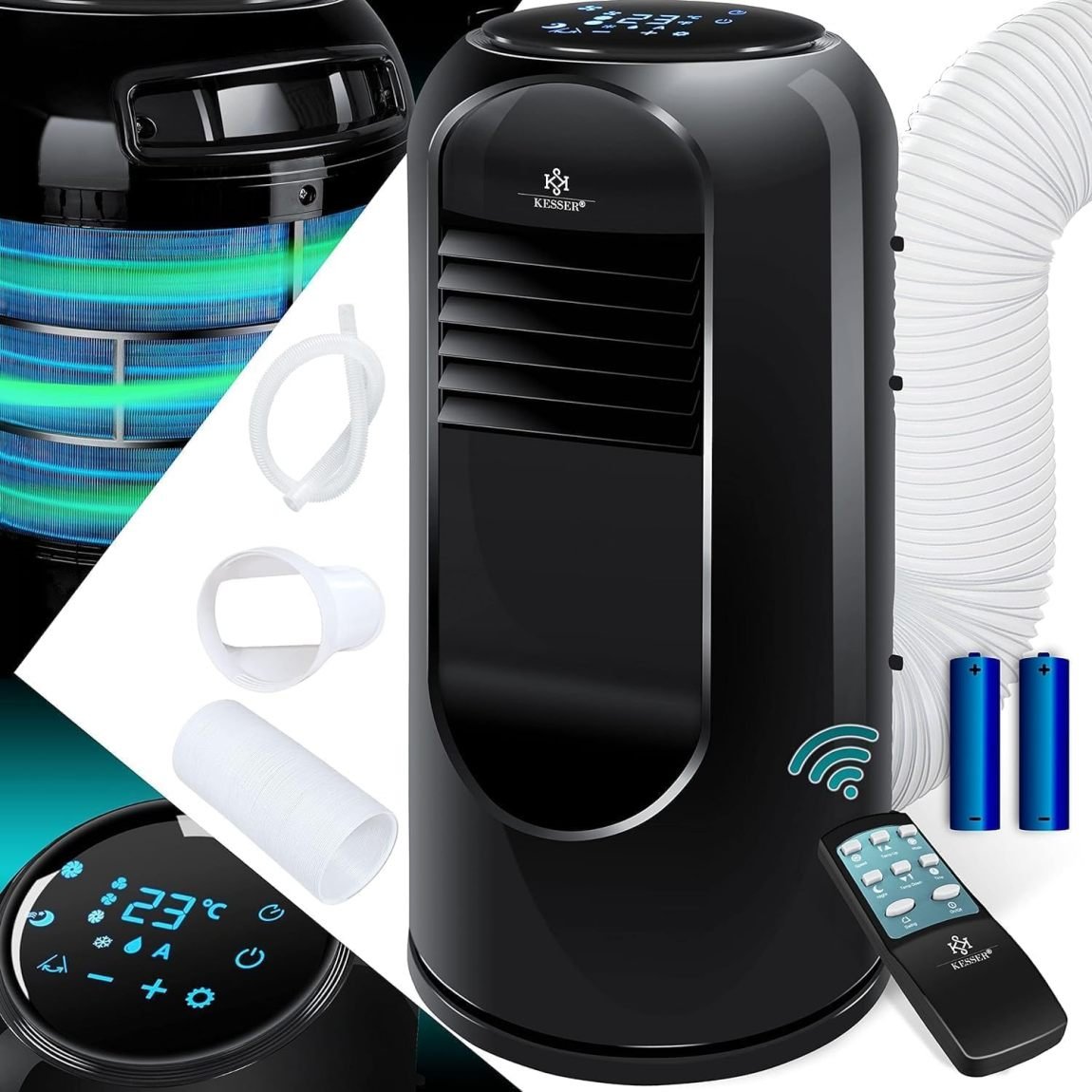 KESSER® Sky Tower Climatiseur mobile 4-en-1 – Refroidissement, déshumidification, ventilation, 9000 BTU/h (2600 W), télécommande, minuterie, mode nuit, noir