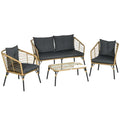 Outsunny Salon de jardin 4 pièces en résine tressée style bohème – Table basse en verre