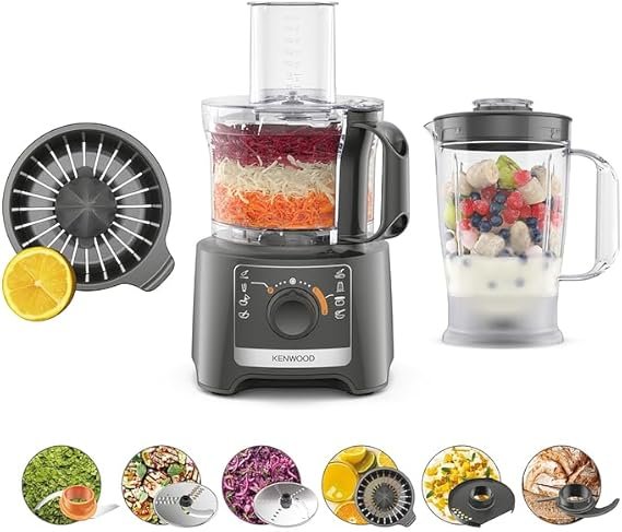 Kenwood MultiPro Compact FDP31.360GY Robot 800 W – Bol 2,1 L, blender 1,2 L, 2 vitesses + Pulse, crochet, disques et presse-agrumes, gris