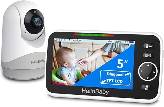 HelloBaby Babyphone vidéo avec caméra et audio – Écran 5 pouces, batterie 3500 mAh, caméra PTZ, audio bidirectionnel, mode ECO, vision nocturne, portée jusqu’à 293 m