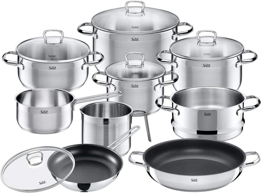 Silit Toskana Batterie de cuisine induction 10 pièces – Casseroles avec couvercles en verre, casserole à lait, cuit-vapeur et poêle, inox satiné non revêtu