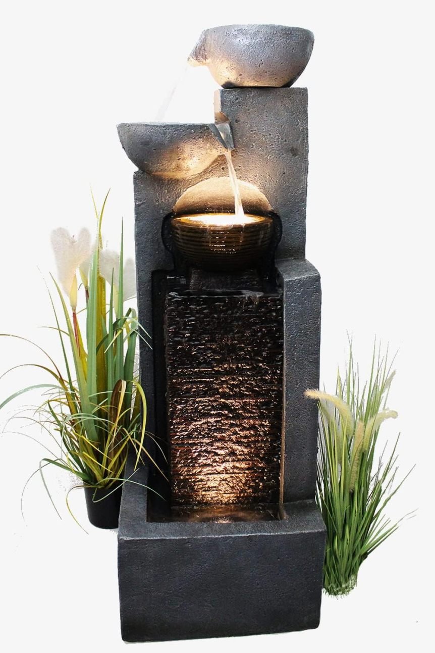 Arnusa Grande fontaine de jardin avec éclairage LED – Noir/gris