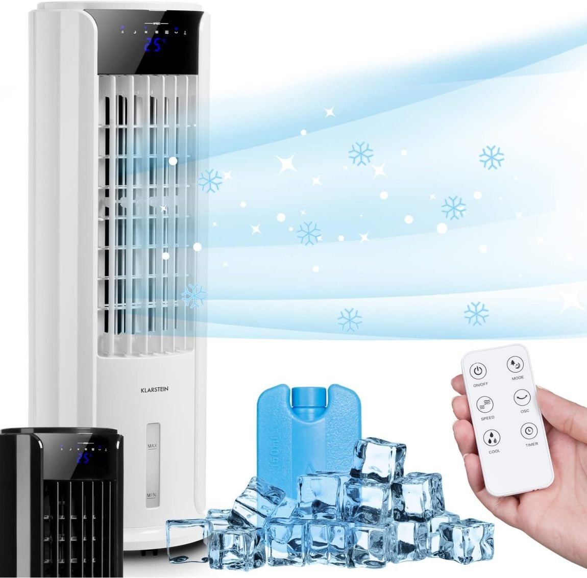 Klarstein Rafraîchisseur d’air à eau 4-en-1 – Humidificateur, ventilateur, mode nuit, réservoir 3,5 L, minuterie, 60 W, débit 486 m³/h 1