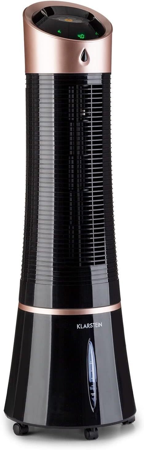 Klarstein Rafraîchisseur d’air intelligent 4-en-1 – Ventilateur, humidificateur et ionisation, réservoir 6 L, oscillation, 30 W, 210 m³/h, minuterie, sans tuyau, noir/or rose