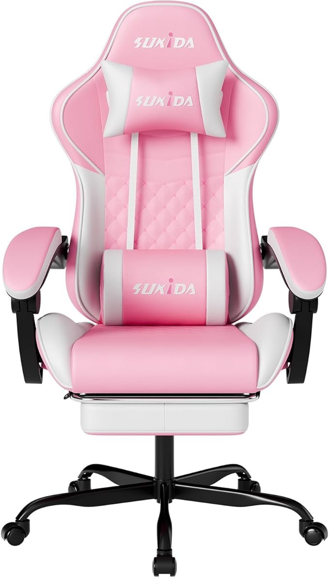 SUKIDA Chaise gaming Racing ergonomique – Repose-pieds, dossier 90-135°, soutien lombaire, hauteur réglable, rose/blanc