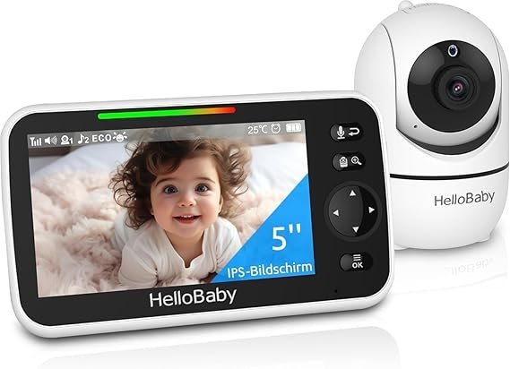 HelloBaby Babyphone vidéo avec caméra – Écran 5 pouces, autonomie 30 h, PTZ 355°/120°, zoom 2×, vision nocturne, température, 8 berceuses, portée 305 m, sans Wi-Fi
