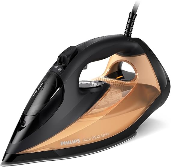 Philips Azur Série 7000 Fer vapeur DST7040/80 – 2800 W, vapeur continue 50 g/min, pressing 250 g, semelle SteamGlide Elite, vapeur verticale, noir/or