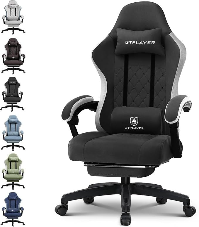 GTPLAYER Chaise gaming ergonomique en tissu – Assise à ressorts, accoudoirs solidaires, repose-pieds, charge 150 kg, noir clair