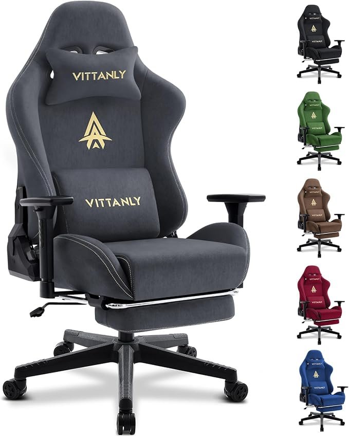 Vittanly Chaise gaming de luxe ergonomique – Suédine synthétique, repose-pieds, coussins tête/lombaires, accoudoirs 3D, dossier 90-155°, grise