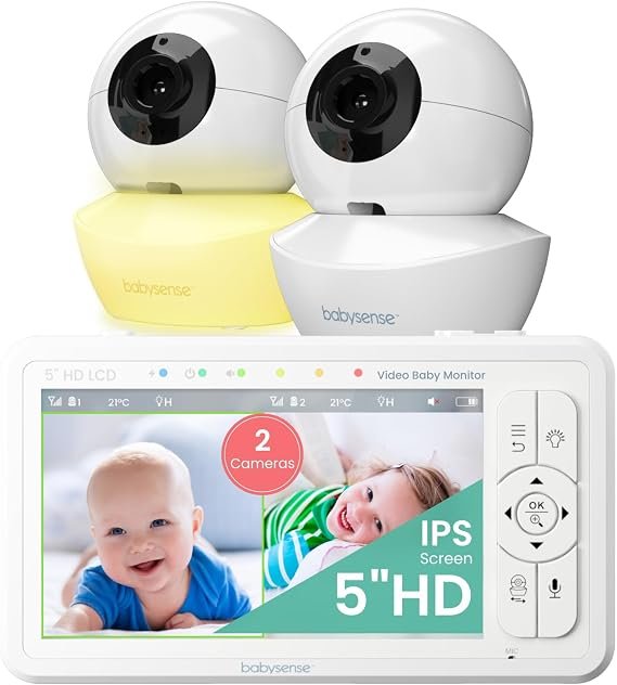 Babysense Babyphone HD 5 pouces avec 2 caméras – Sans Wi-Fi, veilleuse, berceuses, portée 300 m, audio bidirectionnel, zoom 4×, batterie 4000 mAh