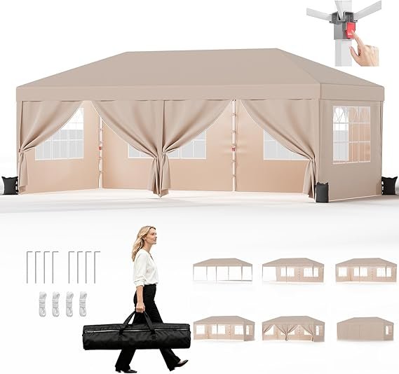 JUMMICO Tonnelle pliante 3 × 6 m – Étanche et résistante à l’hiver, hauteur réglable, UV 50+, 6 parois, beige