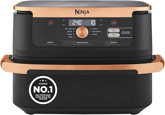 Ninja Foodi FlexDrawer Airfryer AF500EUCP – 10,4 L Friteuse à air Dual Zone, 7-en-1, séparateur amovible, compatible lave-vaisselle, Noir/Cuivre