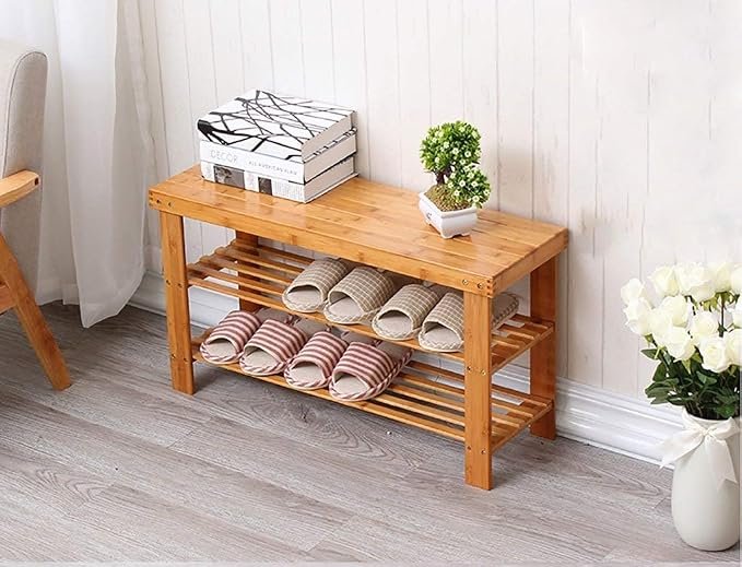 Meuble à chaussures en bambou naturel 2 niveaux – Banc avec assise, organisateur gain de place, étagère polyvalente