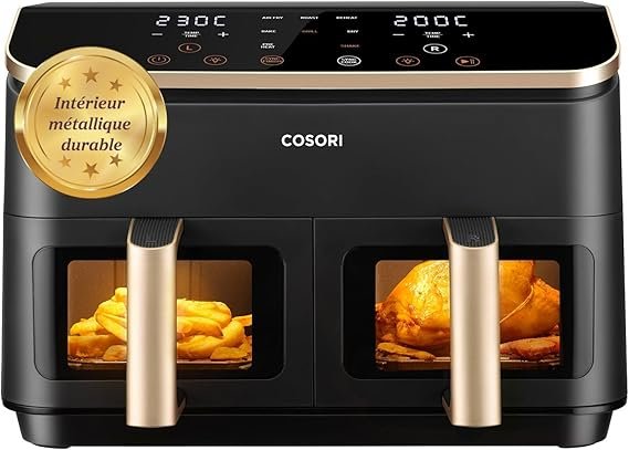 COSORI Friteuse à air Dual Zone 8,5 L – 2 compartiments, friteuse à air 8-en-1, cuisson pauvre en huile, économe en énergie, compatible lave-vaisselle, Or
