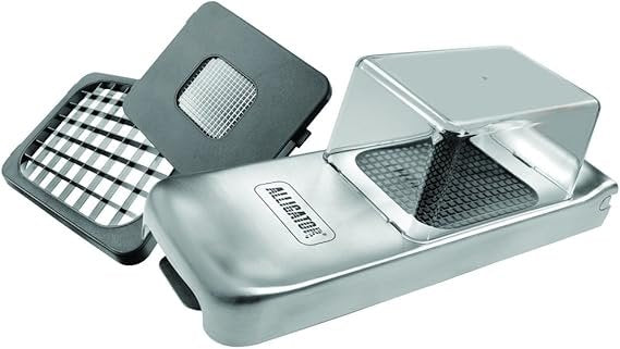 ALLIGATOR 3093 Coupe-légumes multifonction en acier inoxydable avec bac de récupération – 3 lames interchangeables (3×3 mm, 6×6 mm, 12×12 mm), sans BPA, coupe-oignons et coupe-pommes de terre