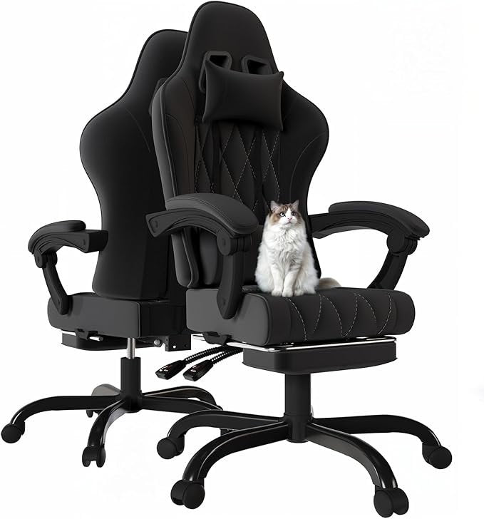 JUMMICO Chaise gaming ergonomique en tissu – Rembourrage à ressorts, massage, appuie-tête, repose-pieds, hauteur réglable, charge 150 kg, noire