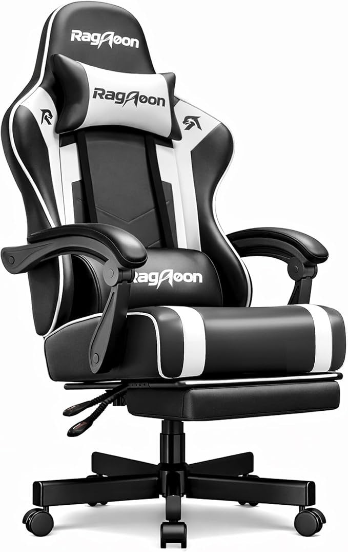 Chaise gaming ergonomique – Repose-pieds, appuie-tête, soutien lombaire, hauteur réglable, charge 200 kg, noire