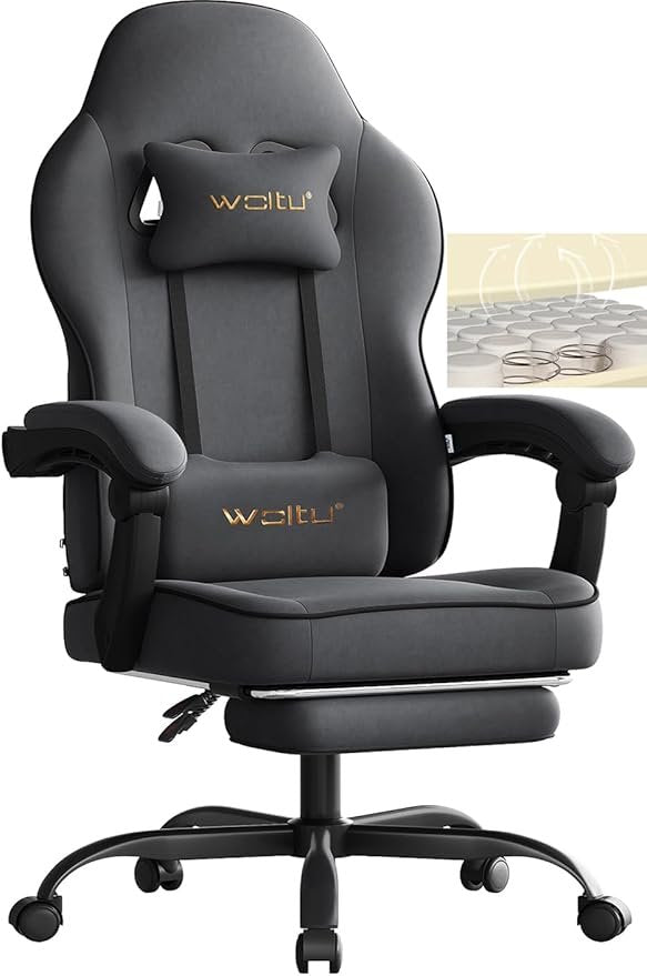 WOLTU Chaise gaming ergonomique – Assise à ressorts ensachés, repose-pieds, coussins lombaire et tête, charge 150 kg, grise