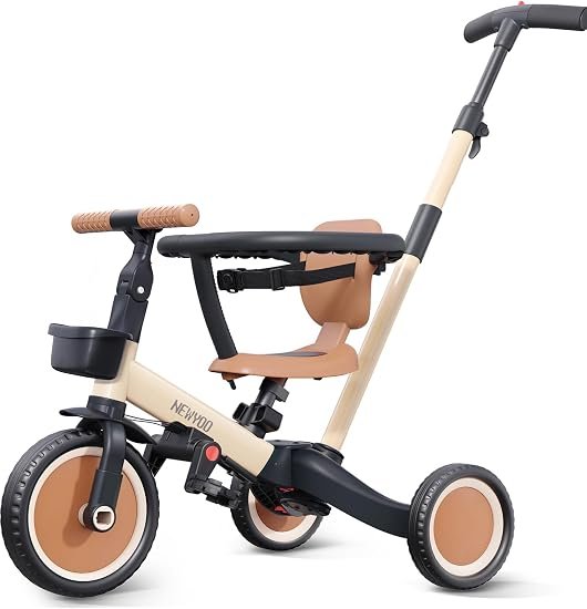 newyoo 5-en-1 Tricycle / draisienne enfant 1-3 ans avec barre de poussée, guidon réglable et arceau de sécurité, kaki
