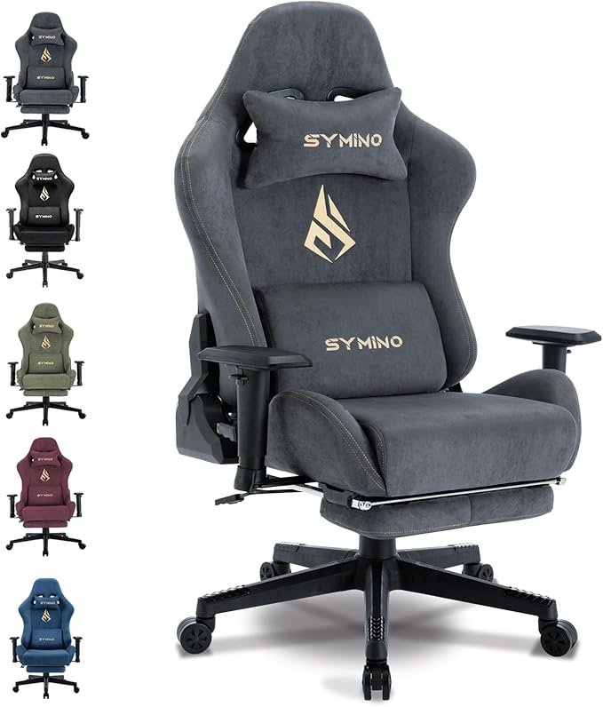 Symino Chaise gaming ergonomique – Tissu respirant doux, repose-pieds, pivotante et réglable, grise
