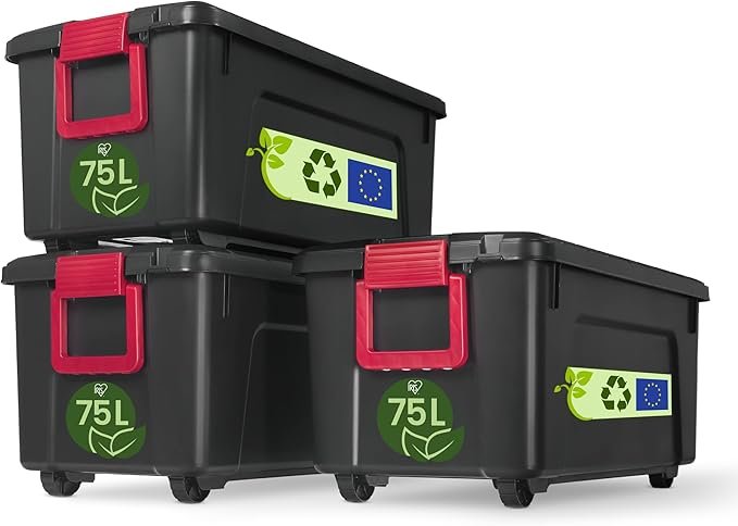 Iris Ohyama SIA-60 Power Box Lot de 3 boîtes de rangement 60 L – Plastique, couvercle, clips et poignées