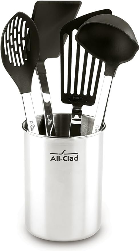 All-Clad Set de 4 ustensiles de cuisine à têtes nylon – Acier inoxydable, pot de rangement inclus, argent