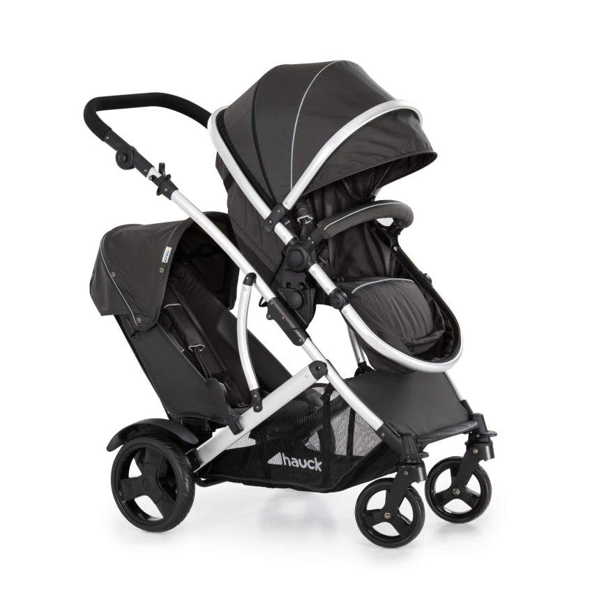 Hauck Duett 2 Poussette double avec housse pluie – Jusqu’à 15 kg par enfant, siège principal transformable en nacelle dès la naissance, second siège amovible, hauteur réglable, Black Forest