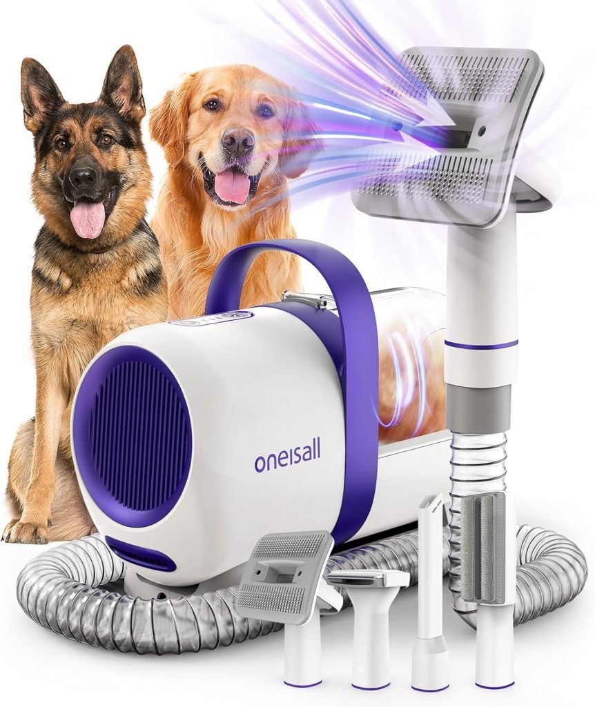 oneisall Aspirateur pour chien avec brosse – Puissance 12 000 Pa, aspiration des poils en un bouton, 4 accessoires de toilettage 1