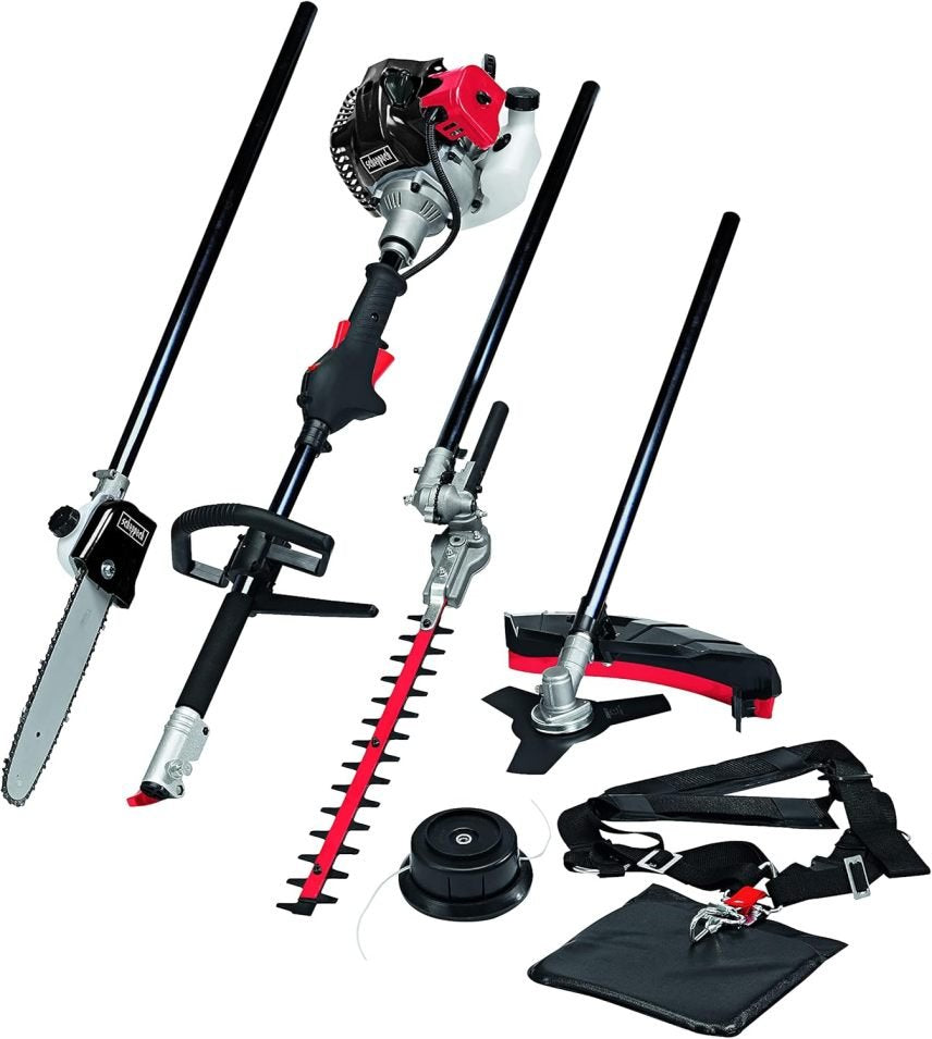 Scheppach MT33P Outil de jardin thermique multifonction 4-en-1 – Coupe-bordures, tronçonneuse, débroussailleuse et taille-haies, 1,22 ch, moteur 2 temps, harnais inclus