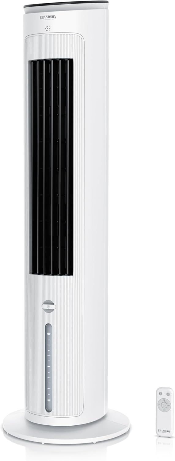 Brandson Ventilateur tour avec refroidissement à eau – Lauréat 2025, rafraîchisseur évaporatif 5-en-1, silencieux, sans tuyau d’évacuation, réservoir 4,6 L, blanc