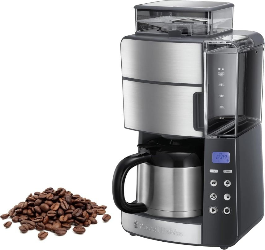 Russell Hobbs Grind&Brew 25620-56 Cafetière filtre avec broyeur et verseuse isotherme – Minuterie digitale, douchette d’extraction, jusqu’à 10 tasses, 3 niveaux de mouture