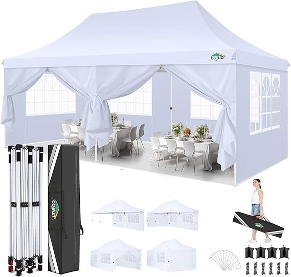 COBIZI Tonnelle pliante 3 × 6 m – Tente étanche, stable et pliable, protection UV, 6 parois, pour mariages et événements extérieurs